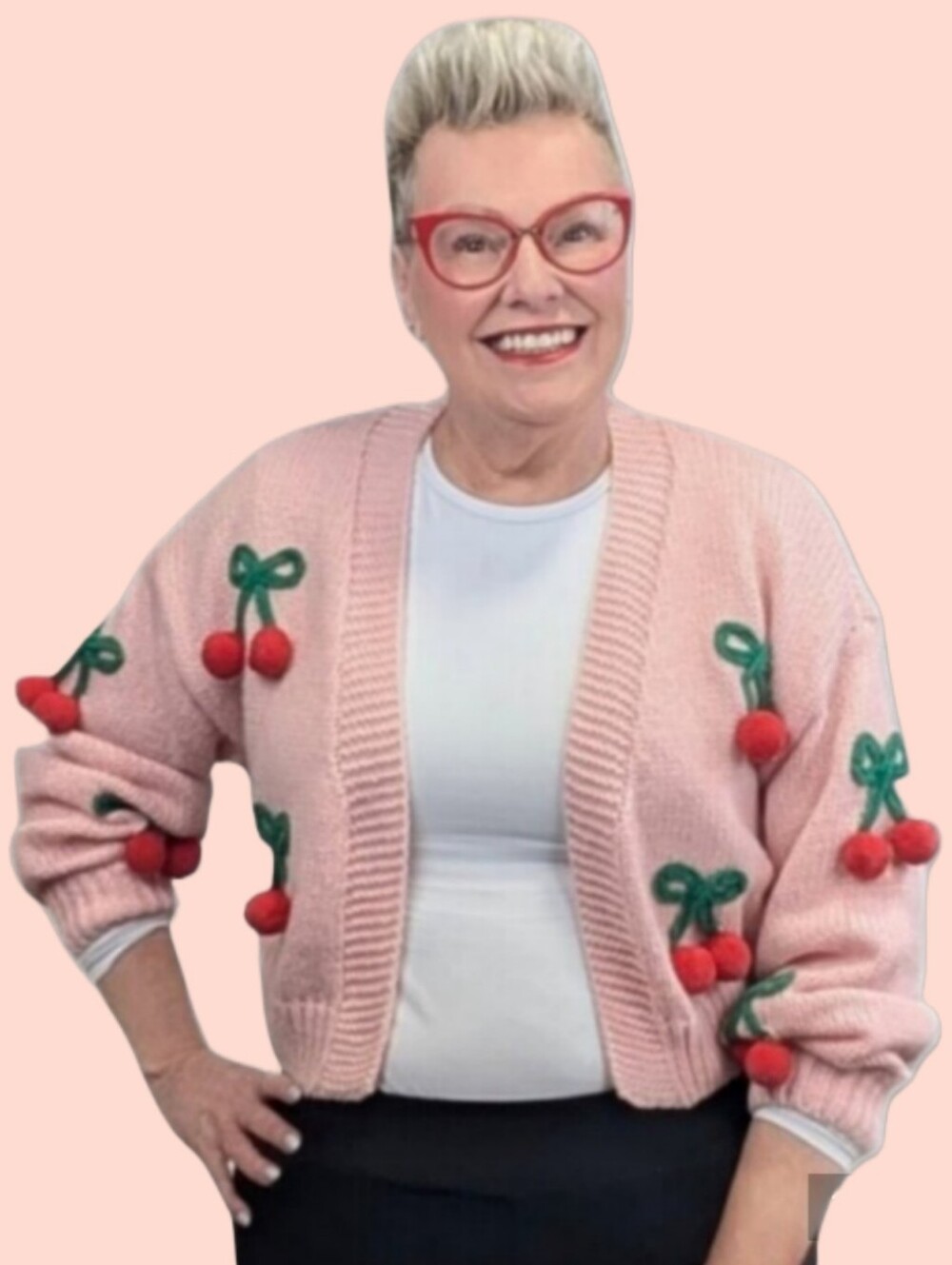 Pink Cropped Cardigan with 3D Cherries
